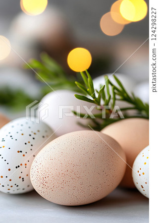 Pastel Easter Egg Arrangement with Warm Bokeh Lights, Happy Easter concept Pastel Easter Egg Arrangement with Warm Bokeh Lights, Happy Easter concept 124298227