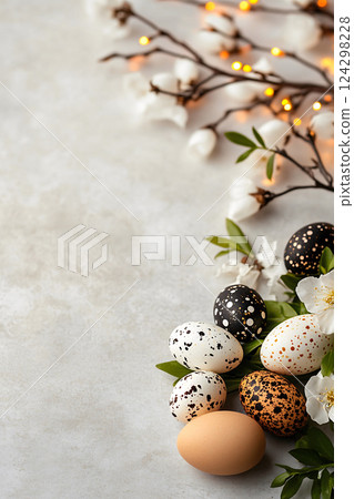 Elegant Easter Background with Soft-Focus Pastel-Colored Eggs and Warm Lighting, Happy Easter concept 124298228