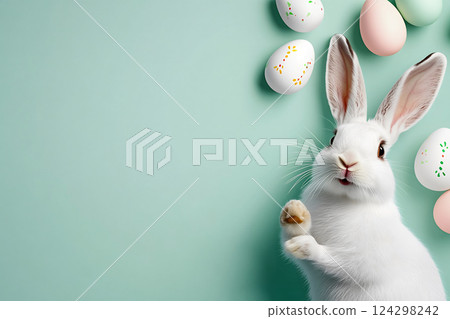A cheerful white rabbit sitting next to colorful Easter eggs, illustrated in a modern, minimalist style. The bright, vibrant colors and clean lines give the artwork a playful and festive feel 124298242