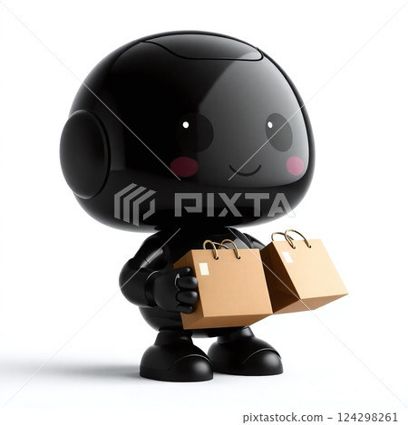 Cute robot holding shopping bags. Delivery android bot, 3d cartoon style 124298261