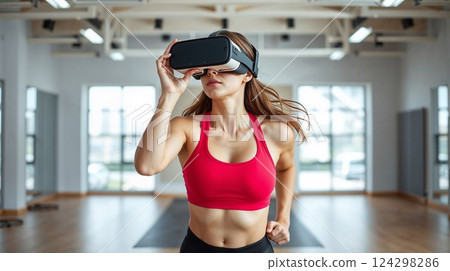 woman in VR glasses jogging in gym. Female fitness and sports in virtual reality 124298286