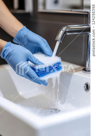 Close-up shot of a gloved hand holding a foamy sponge while washing under running water in a sink 124298398