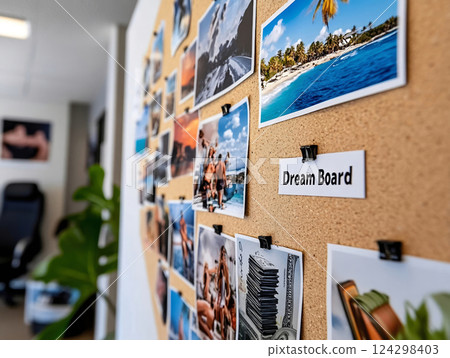 Close-up angled shot of a dream board labeled Dream Board with travel and finance goals 124298403