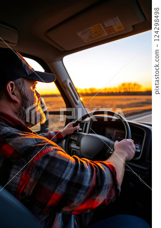 Truck driver navigating the open road at sunset 124298498