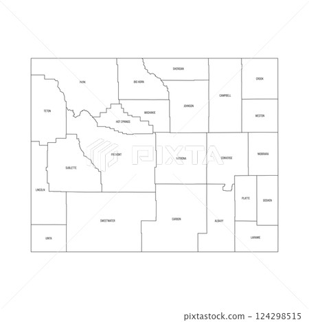 Wyoming, WY - detailed political map of US state. Administrative map divided into counties. Thin black outline map with county name labels. Vector illustration 124298515