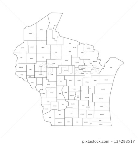 Wisconsin, WI - detailed political map of US state. Administrative map divided into counties. Thin black outline map with county name labels. Vector illustration 124298517