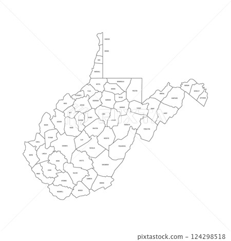 West Virginia, WV - detailed political map of US state. Administrative map divided into counties. Thin black outline map with county name labels. Vector illustration 124298518