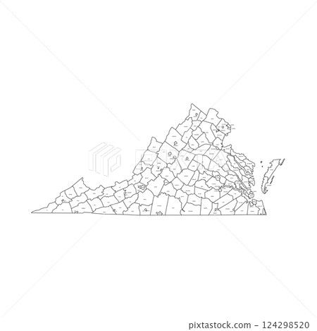 Virginia, VA - detailed political map of US state. Administrative map divided into counties. Thin black outline map with county name labels. Vector illustration 124298520