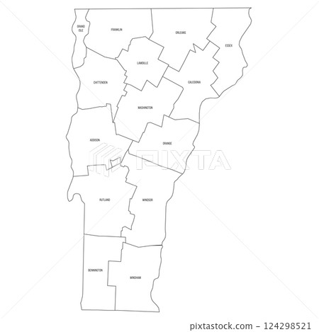 Vermont, VT - detailed political map of US state. Administrative map divided into counties. Thin black outline map with county name labels. Vector illustration 124298521