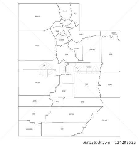 Utah, UT - detailed political map of US state. Administrative map divided into counties. Thin black outline map with county name labels. Vector illustration Utah, UT - detailed political map of US state. Administrative map divided into counties. Thin black outline map with county name labels. Vector illustration 124298522