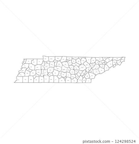 Tennessee, TN - detailed political map of US state. Administrative map divided into counties. Thin black outline map with county name labels. Vector illustration 124298524