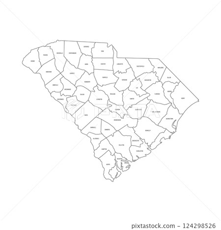South Carolina, SC - detailed political map of US state. Administrative map divided into counties. Thin black outline map with county name labels. Vector illustration South Carolina, SC - detailed political map of US state. Administrative map divided into counties. Thin black outline map with county name labels. Vector illustration 124298526