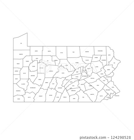 Pennsylvania, PA - detailed political map of US state. Administrative map divided into counties. Thin black outline map with county name labels. Vector illustration 124298528