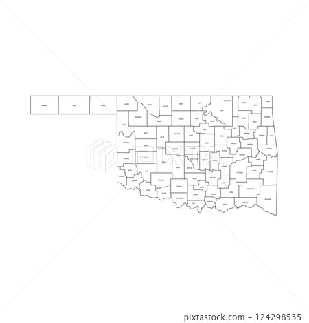 Oklahoma, OK - detailed political map of US state. Administrative map divided into counties. Thin black outline map with county name labels. Vector illustration Oklahoma, OK - detailed political map of US state. Administrative map divided into counties. Thin black outline map with county name labels. Vector illustration 124298535