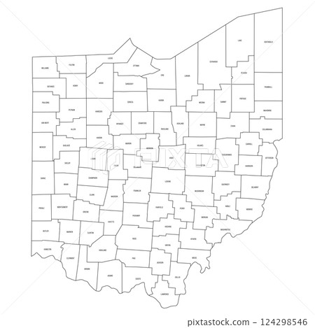 Ohio, OH - detailed political map of US state. Administrative map divided into counties. Thin black outline map with county name labels. Vector illustration 124298546