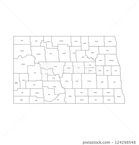 North Dakota, ND - detailed political map of US state. Administrative map divided into counties. Thin black outline map with county name labels. Vector illustration North Dakota, ND - detailed political map of US state. Administrative map divided into counties. Thin black outline map with county name labels. Vector illustration 124298548