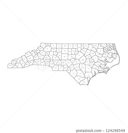 North Carolina, NC - detailed political map of US state. Administrative map divided into counties. Thin black outline map with county name labels. Vector illustration 124298549