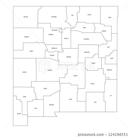 New Mexico, NM - detailed political map of US state. Administrative map divided into counties. Thin black outline map with county name labels. Vector illustration 124298551