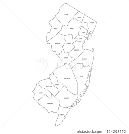 New Jersey, NJ - detailed political map of US state. Administrative map divided into counties. Thin black outline map with county name labels. Vector illustration New Jersey, NJ - detailed political map of US state. Administrative map divided into counties. Thin black outline map with county name labels. Vector illustration 124298552