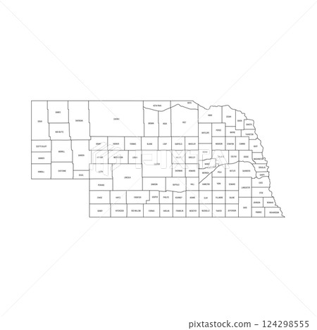 Nebraska, NE - detailed political map of US state. Administrative map divided into counties. Thin black outline map with county name labels. Vector illustration Nebraska, NE - detailed political map of US state. Administrative map divided into counties. Thin black outline map with county name labels. Vector illustration 124298555