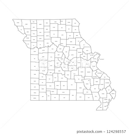 Missouri, MO - detailed political map of US state. Administrative map divided into counties. Thin black outline map with county name labels. Vector illustration 124298557