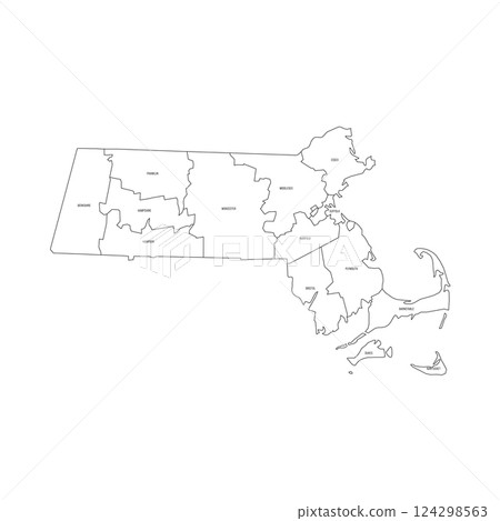 Massachusetts, MA - detailed political map of US state. Administrative map divided into counties. Thin black outline map with county name labels. Vector illustration Massachusetts, MA - detailed political map of US state. Administrative map divided into counties. Thin black outline map with county name labels. Vector illustration 124298563