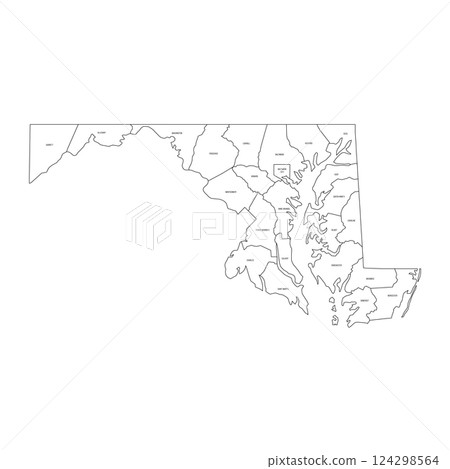 Maryland, MD - detailed political map of US state. Administrative map divided into counties. Thin black outline map with county name labels. Vector illustration Maryland, MD - detailed political map of US state. Administrative map divided into counties. Thin black outline map with county name labels. Vector illustration 124298564
