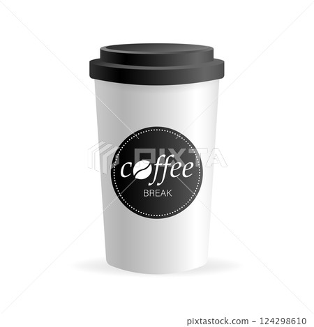 Paper coffee cup in 3d style on white background. Blank mockup. Mock up, template. Coffee drink. 124298610