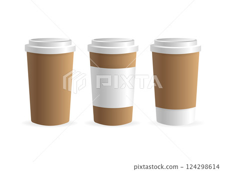 Paper coffee cup in 3d style on white background. Blank mockup. Mock up, template. Coffee drink. 124298614