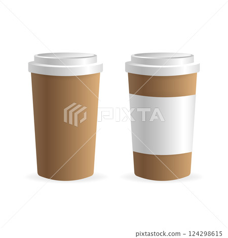 Paper coffee cup in 3d style on white background. Blank mockup. Mock up, template. Coffee drink. Paper coffee cup in 3d style on white background. Blank mockup. Mock up, template. Coffee drink. 124298615