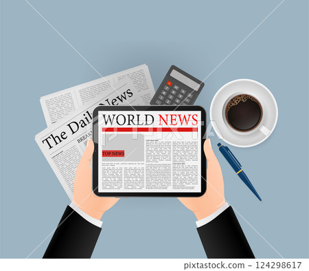 Tablet flat vector icon illustration. Online newspaper, business concept banner for any purposes. Vector design illustration. Business icon. 124298617