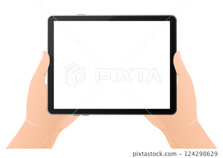 Modern flat illustration with black empty tablet hands on white background. Digital technology. Modern flat illustration. Web design. Modern flat illustration with black empty tablet hands on white background. Digital technology. Modern flat illustration. Web design. 124298629