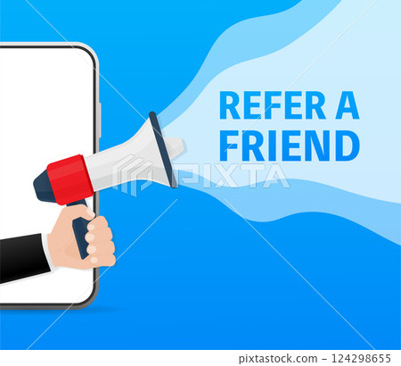 Template with blue refer a friend hand holding megaphone on red background for flyer design. Vector illustration in flat style. Template with blue refer a friend hand holding megaphone on red background for flyer design. Vector illustration in flat style. 124298655