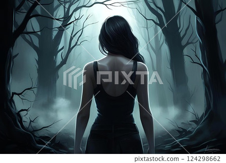 Illustration of the back of a muscular woman in a tank top standing in a foggy forest 124298662