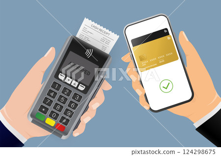 Hand with terminal and smartphone. Abstract online payment for mobile device design. Online transaction. Hand with terminal and smartphone. Abstract online payment for mobile device design. Online transaction. 124298675