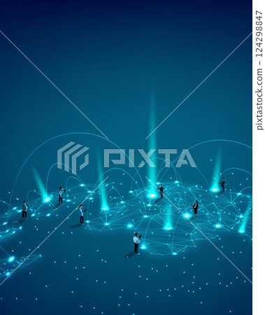 People spread across networked globe with digital arcs and data points, expressing global connectivity, business interaction People spread across networked globe with digital arcs and data points, expressing global connectivity, business interaction 124298847