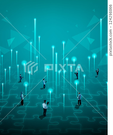 People interacting on puzzle-like tech field lit by network signals. Digital collaboration and innovation integration. People interacting on puzzle-like tech field lit by network signals. Digital collaboration and innovation integration. 124298866
