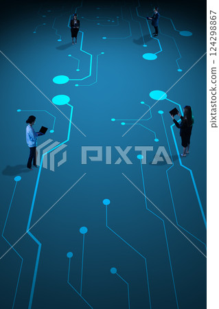 Users distributed along glowing circuit board visual metaphor of digital pathways, tech systems and decentralized communication Users distributed along glowing circuit board visual metaphor of digital pathways, tech systems and decentralized communication 124298867