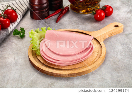 Sliced boiled sausage over board Sliced boiled sausage over board 124299174