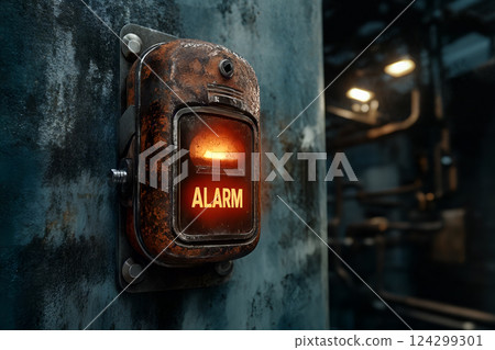 Rusty industrial alarm device on metal wall with dim lighting in factory setting 124299301
