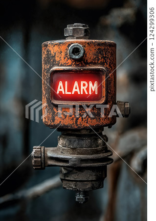 Rusty industrial alarm valve with red warning light in factory setting 124299306
