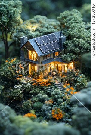 Cozy solar-powered house in lush green forest with blooming flowers at dusk 124299310