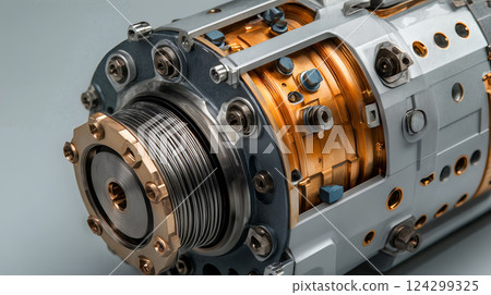 Detailed view of industrial metallic cylinder with bolts and copper components 124299325