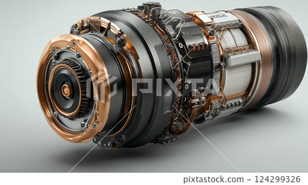 Futuristic metallic engine with copper accents and advanced mechanisms on gray background 124299326