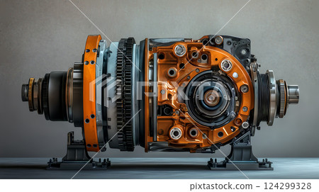 Cross-section of industrial gearbox with orange and metallic components on display 124299328