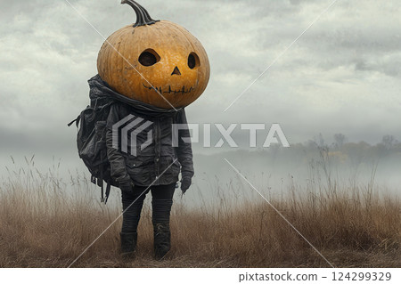 Pumpkin head figure in foggy field wearing backpack and dark clothing, surreal autumn scene with overcast sky 124299329