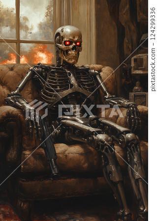 Metallic robot skeleton with red eyes sitting in chair, fire burning outside 124299336