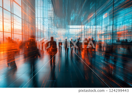 Futuristic urban cityscape with blurred motion of people in modern glass architecture 124299443
