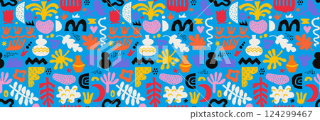 Abstract seamless pattern with various shapes, figures and freeform blobs. Modern trendy vector seamless background with various plants and doodles in hand drawn color crayon pencil style. 124299467