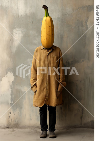Surreal art of person with banana head and long shirt against grunge wall background Surreal art of person with banana head and long shirt against grunge wall background 124299499
